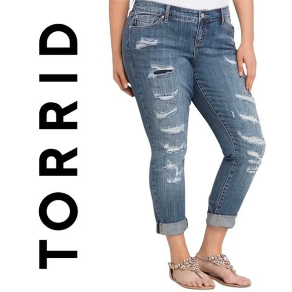 Torrid Premium, Boyfriend Jeans, Light Wash with Ripped Destruction, Blue - Picture 1 of 11